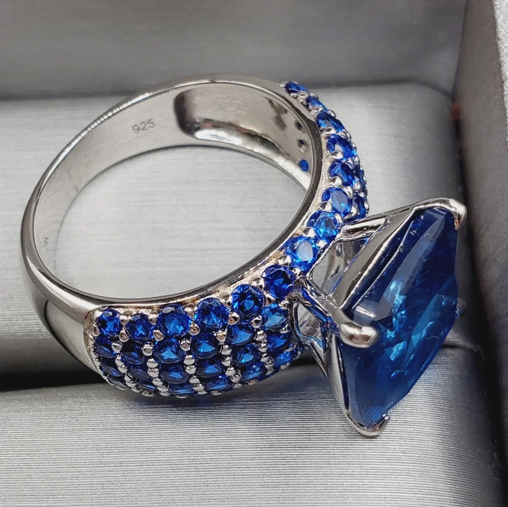 6 Carat Square Cushion Lab Created Blue Spinel Rhodium 925 Sterling Silver Ring